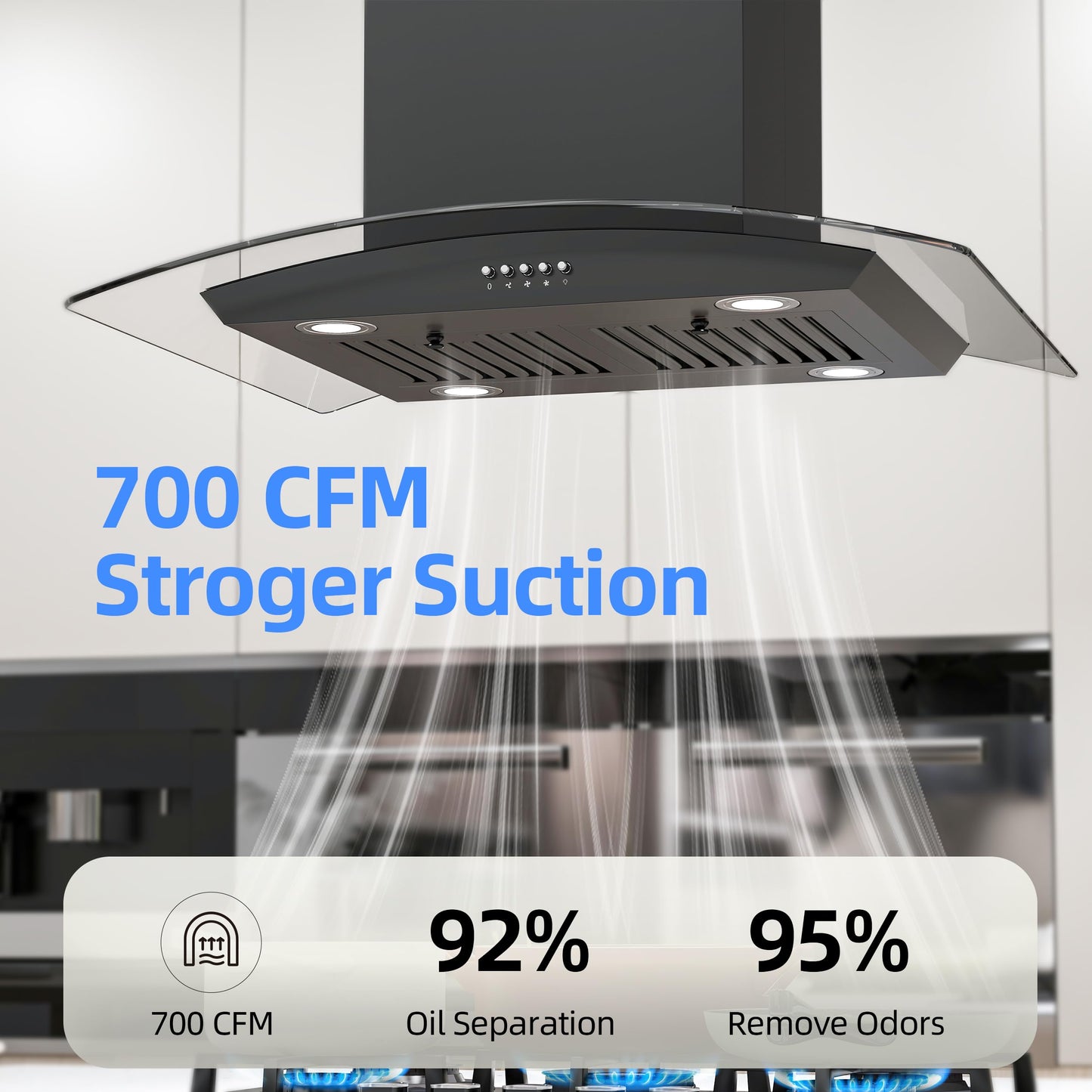 FIREGAS Black Island Mount Range Hood 30 inch with 700 CFM, Ceiling Mount Kitchen Vent Hood Ducted/Ductless Convertible, 4 LED Lights, 3 Speed Exhaust Fan, 2 charcoal fiters, Black
