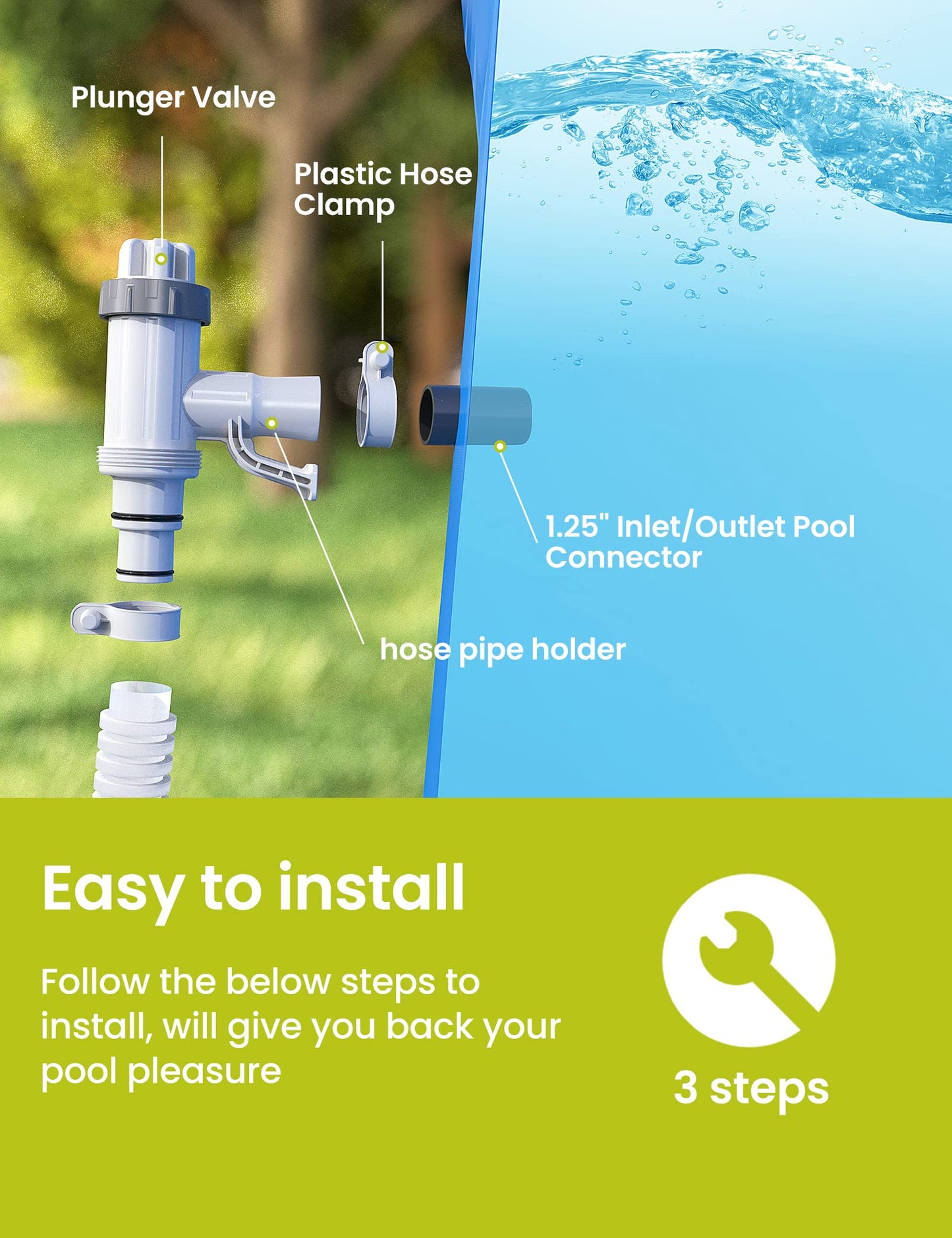 [PATENTED] SUMMERBUDDY Pool Hose Adapter for Above Ground Swimming Pool, Pool Replacement Parts with Plunger Valve and Pool Pipe Holder Pool Pump Parts 2 Pack