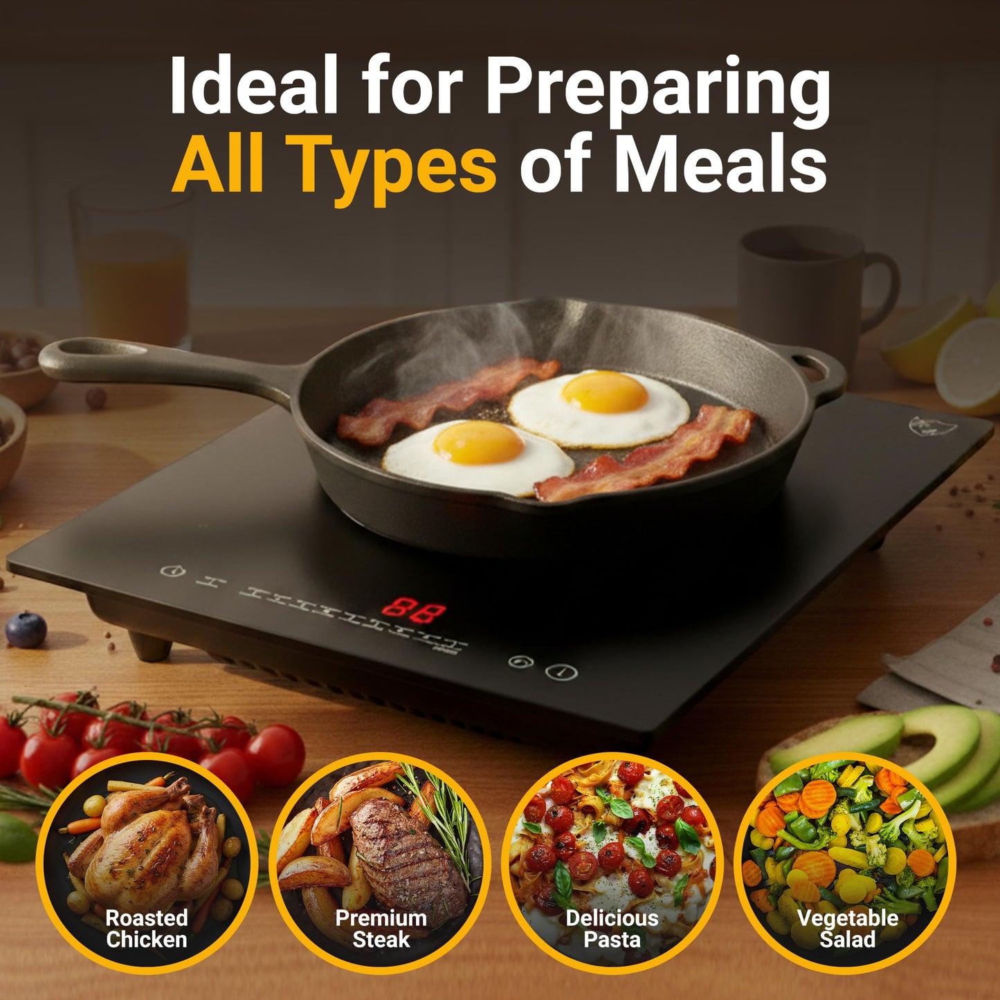 K&H Single Induction Cooktop - Built-In Electric Stove Top with 9 Heating Levels - 120V & 1800W Built-in Single Burner Ceramic Glass Induction Cooktop - Touch Control, Timer & Child Lock, SIN-1801