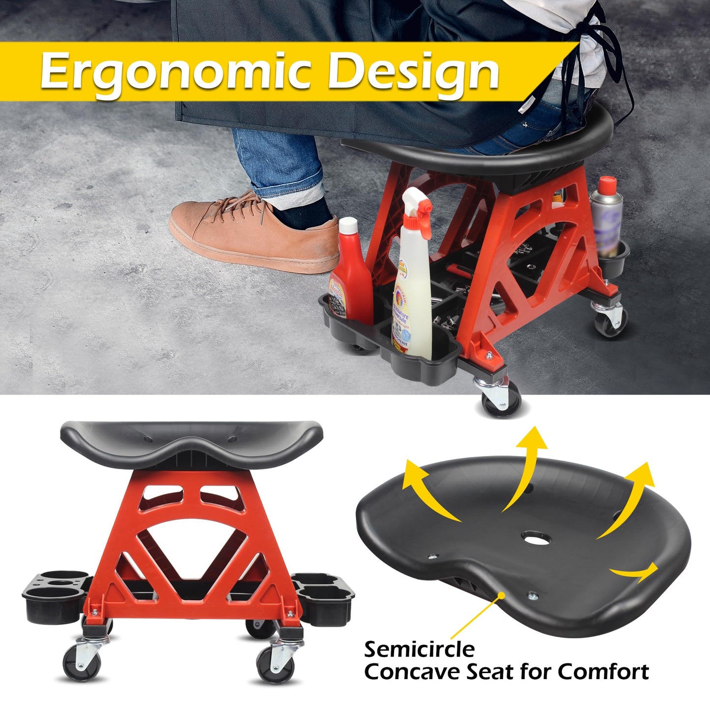 MaxWorks 50957 Ergonomic Seat Mechanic Stool Chair 22.9" L x 13.9" W x 17" H, with 4pcs 2.5" Swivel Casters, with Tool Tray for Workshop, Garage, Auto Repair - 300 Lbs Capacity