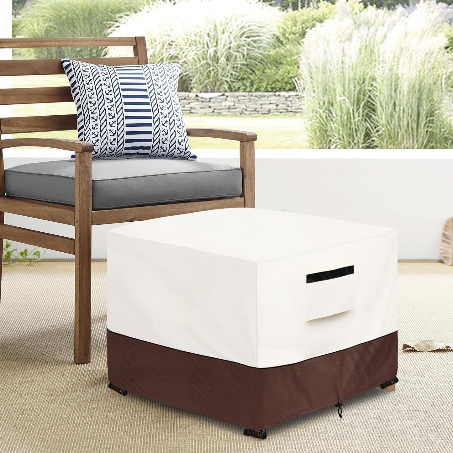 Aacabo Patio Ottoman Cover,25W x 25D x 18H inch,Waterproof Square Patio Small Side Table Cover,Suitable for 3-Piece Outdoor Wicker Patio Bistro Set Side Table(Beige)