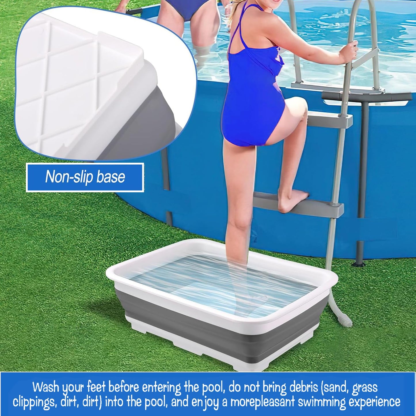 ESEHGS Pool Foot Bath Tray for Swimming Pool, Non- Slip Collapsible Foot Bath for Pool, Portable Foot Tub for Pool for Above Ground Pool Accessories, Rinse Feet Keep Pool Clean (Grey + White)