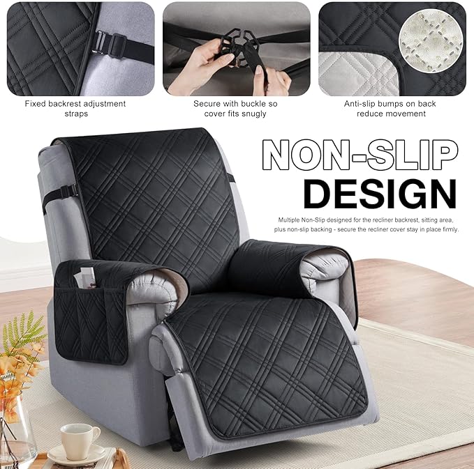 TAOCOCO 100% Waterproof Recliner Chair Cover, Recliner Covers for Recliner Chair with Pocket, Non Slip Reclining Chair Cover Furniture Protector for Kids, Pets(30'', Black-Velvet)