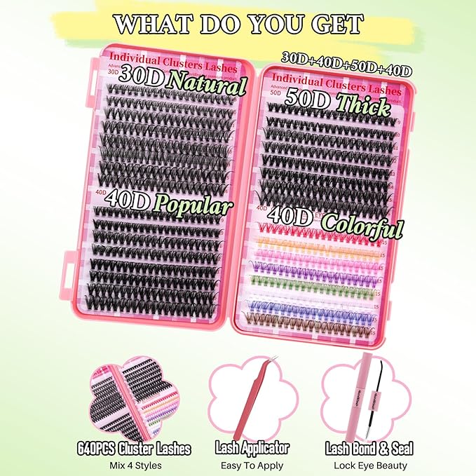 Lash Clusters Kit DIY Lash Extension Kit Colored Cluster Lashes Eyelash Extension Kit Individual Lashes with Lash Bond and Seal,Lash Tweezers Natural Look RITALASH(30D+40D+50D+40D Colored Kit,9-16mm)