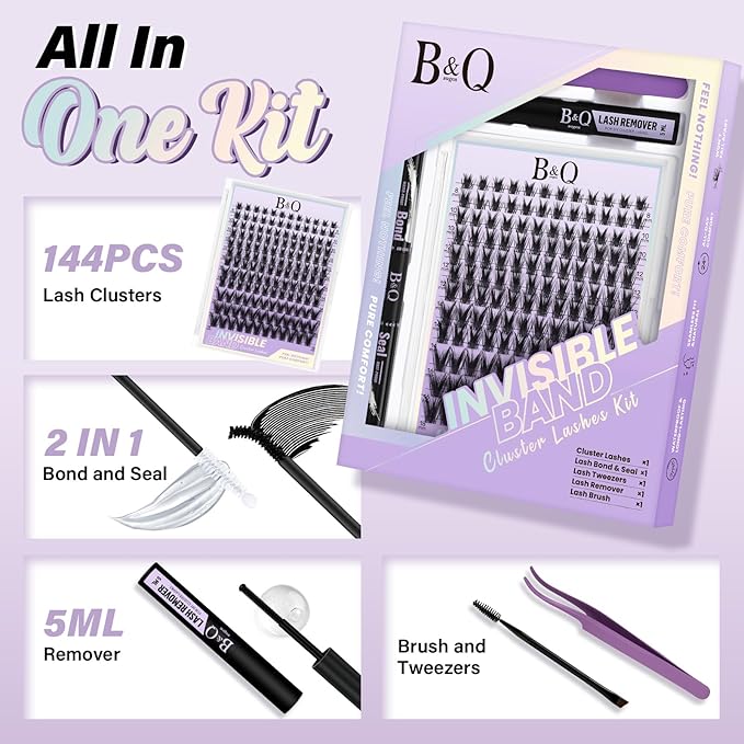 B&Q Victory Lash Clusters Kit Natural Lashes Clusters Wispy Invisible Band Manga Lashes Individual Lashes Bond and Seal Eyelash Extension Kit Easy Removal (Victory Kit-8-18MIX)