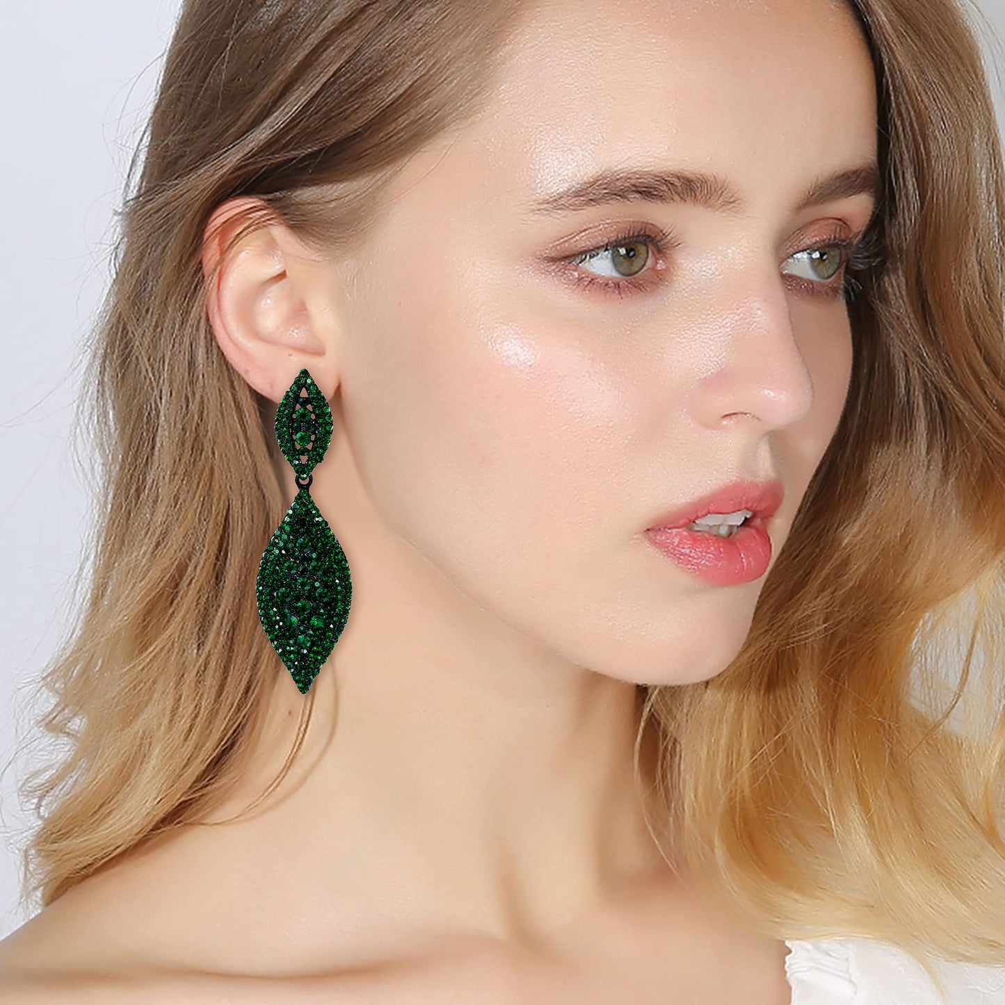Flyonce Women's Rhinestone Crystal Wedding Bridal 2 Leaf Drop Dangle Chandelier Earrings Large Big Costume Statement Earring Green Black-Tone 3.3"