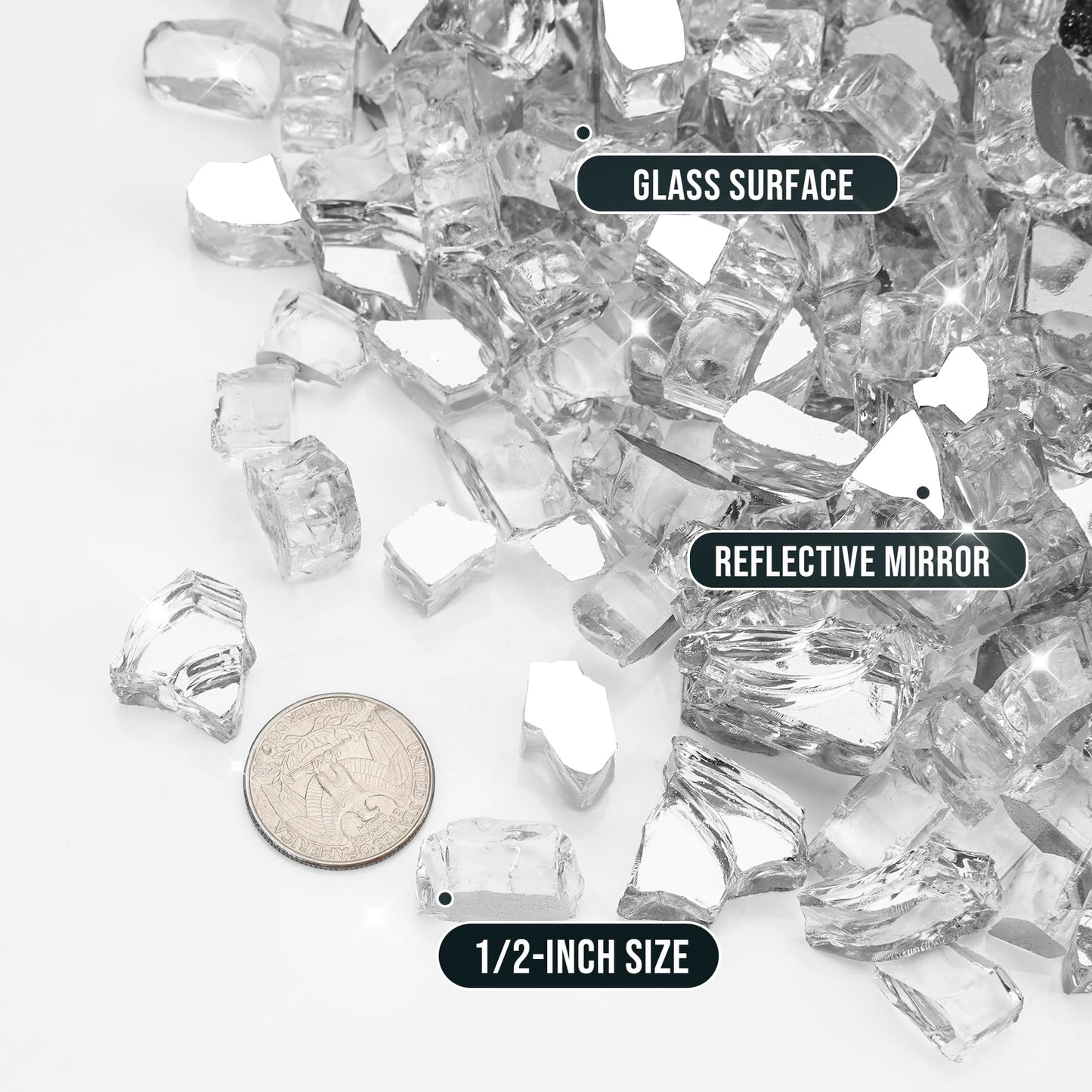 Skyflame 10-Pound Fire Glass for Fireplace Fire Pit and Landscaping, Platinum Reflective, 1/2-Inch