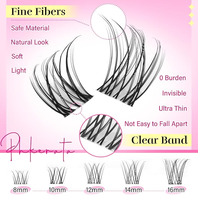 PHKERATA Invisible Band Lash Clusters Kit Wispy Lash Extension Kit Natural Eyelash Clusters DIY Cluster Eyelash Extension Kit Individual Lashes with Lash Glue Bond and Seal Tweezers, 8-16 mm