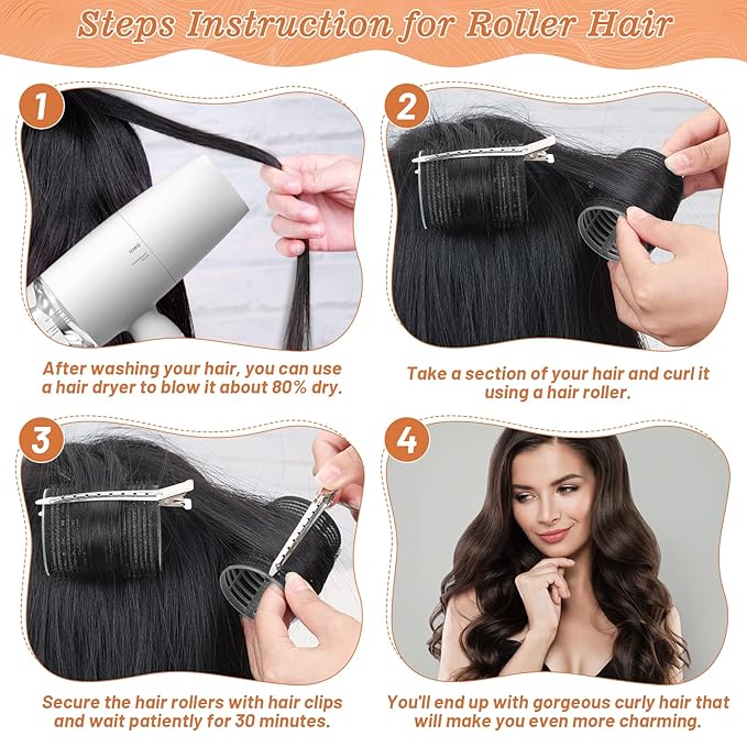 Hair Curler Rollers for Women 24PCS Heatless Hair Roller with 12PCS Clips, 4 Sizes（Jumbo Large Medium Small）Self Grip Holding Hair Rollers for Long Medium Short Thick Fine Volume Thin Bangs Hair