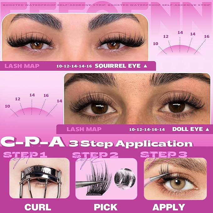 Pre Glued Eyelashes Clusters Wispy Self Adhesive Lash Clusters Press on Lashes Fluffy Self Adhesive Eyelashes Volume Glueless Lashes Clusters Thick Cluster Eyelash Extensions 10-16mm