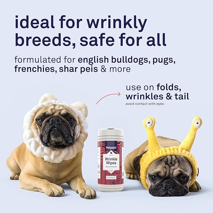 Petpost Large Wrinkle Wipes for Dogs | 60 Count 5x7 Dog Face & Wrinkle Cleaner | Gentle Pet Wipes with Coconut Oil & Aloe for Bulldogs, Pugs & Wrinkly Breeds | Dog Cleaning Wipes