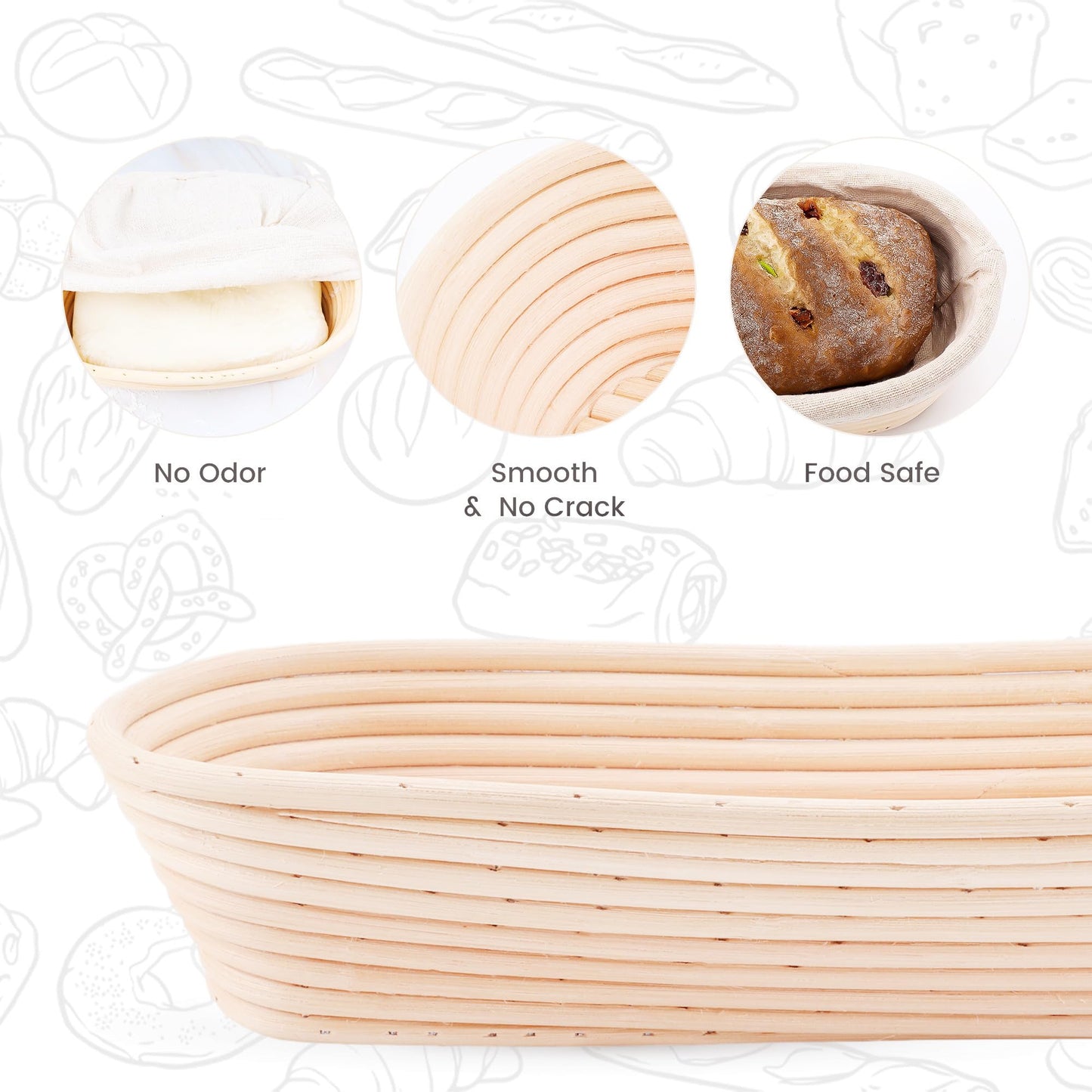DOYOLLA 14.5inch Oval Bread Dough Proofing Rising Rattan Basket & Liner Combo for Professional & Home Baking (2 basket & 2 liner)
