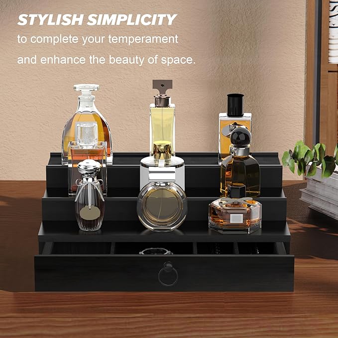 upcessory Cologne Organizer for Men, 3 Tier Wood Perfume Organizer with Felt Lining Drawer and Hidden Compartment, Black Perfume Display Holder, A Gift for Men