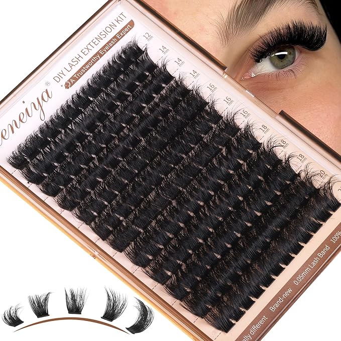 Geeneiya 200D Lash Clusters Kit Thick Lash Extension Kit 10-20mm Wispy Cluster Eyelash Extensions Individual Eyelashes Kit with Lash Bond and Seal DIY Lashes Applicator for Beginners
