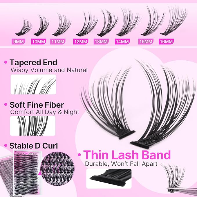 Yawamica Lash Clusters Kit 320pcs Eyelash Clusters D Curly 9-16mm 40D Individual Lashes Wispy Lash Extension Kit with Bond and Seal and Lash Remover and Lash Applicator for Eyelash Extension Beginners