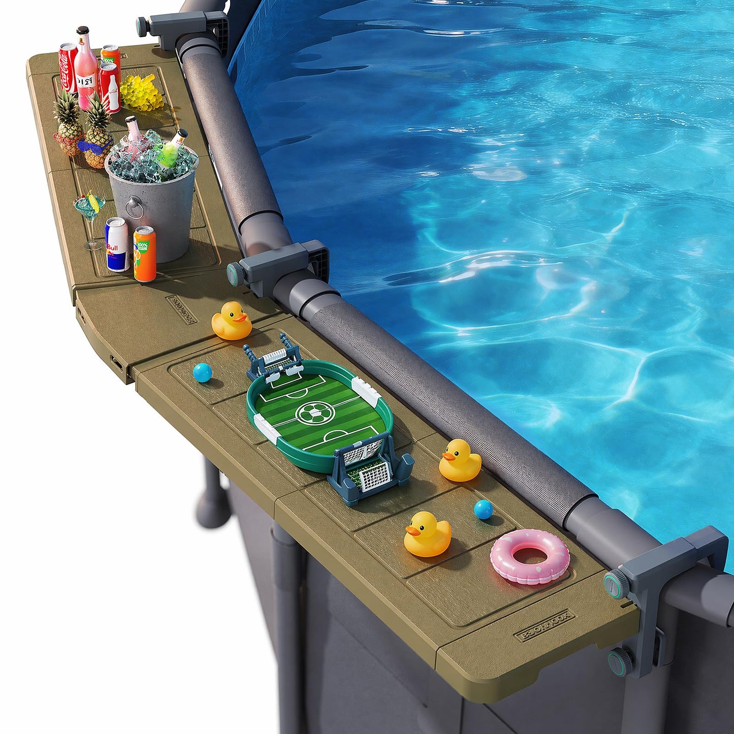 POOLHACKER Poolside Bar Extended for Above-Ground Round Pools, Original Swim-Up Bar Table, Foldable Patio Poolside Table, Weather-Resistant Stable Tabletop, Easy Maintenance, Brown