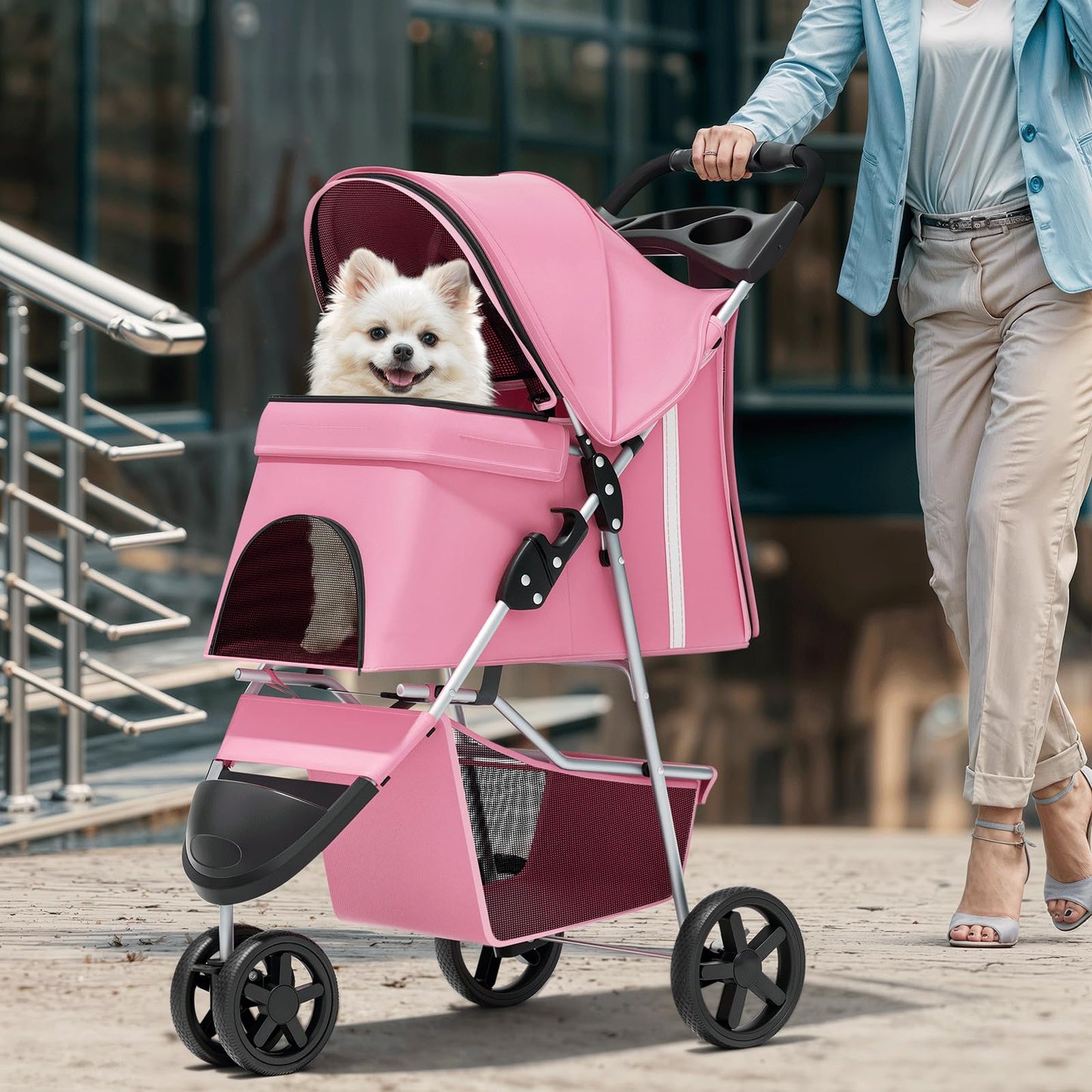 Magshion 3-Wheel Pet Stroller, Foldable Travel Jogger for Small & Medium Dogs & Cats (Up to 33lbs), Lightweight Carrier with Breathable Mesh Cover, Cup Holder & Storage Basket, Pink