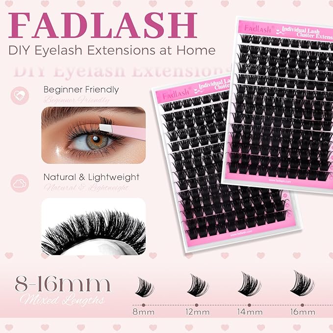 FADLASH Fluffy Lash Clusters 200D Eyelash Clusters 8-16mm Individual Clusters Eyelash Extensions Volume Lash Extensions DIY at Home (200D, 8-16mm)