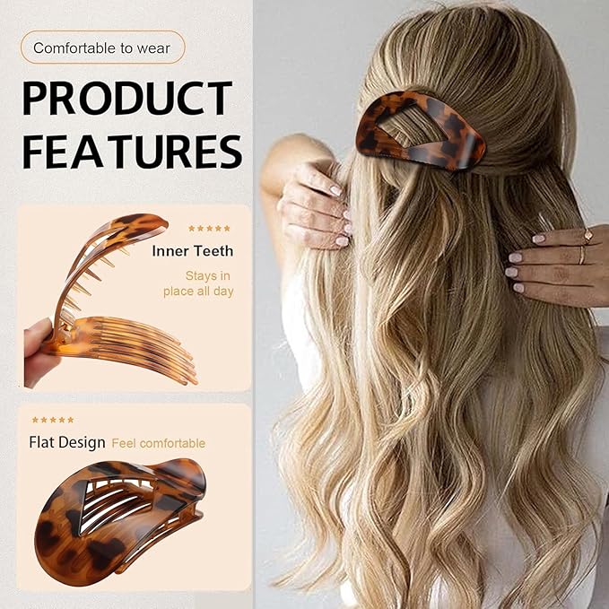 5 PCS Flat Hair Clips, No Crease Flat Claw Clips for Women, Large Strong Hold Barrettes for Thick Thin Hair, French Duckbill Styling Accessories(Tortoise)
