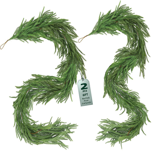 CLEANGOR 2Pcs 6FT Norfolk Pine Garlands Realistic, Real Touch Winter Xmas Garland, Christmas Decorations Indoor Outdoor, Artificial Holiday Decor Faux Greenery for Mantle, Fireplace, Table