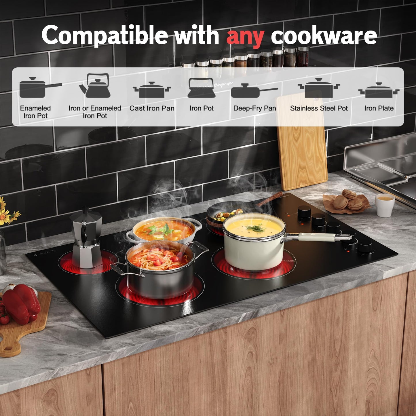 Karinear 36" Electric Cooktop 5 Burners, Knob Control Electric Stove Top, 9 Power Levels, Residual Heat Indicator, 8400W, 40A, 240V Hardwire(Black)