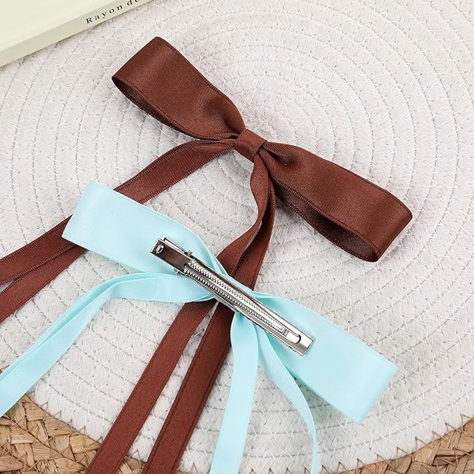 Hair Bows Clips Coquette Ribbon Bowknot with Long Tail Princess Hair Bows French Barrettes Hair Accessories for Women Girls 16PCS (Wine Red, White, Aquamarine, Brown)