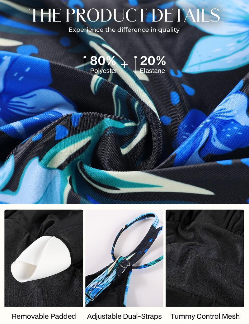 Hanna Nikole Tummy Control Swimwear One Piece Slimming Vintage Swimsuit Womens Ruched Push Up Bathing Suit Black Blue Floral XL