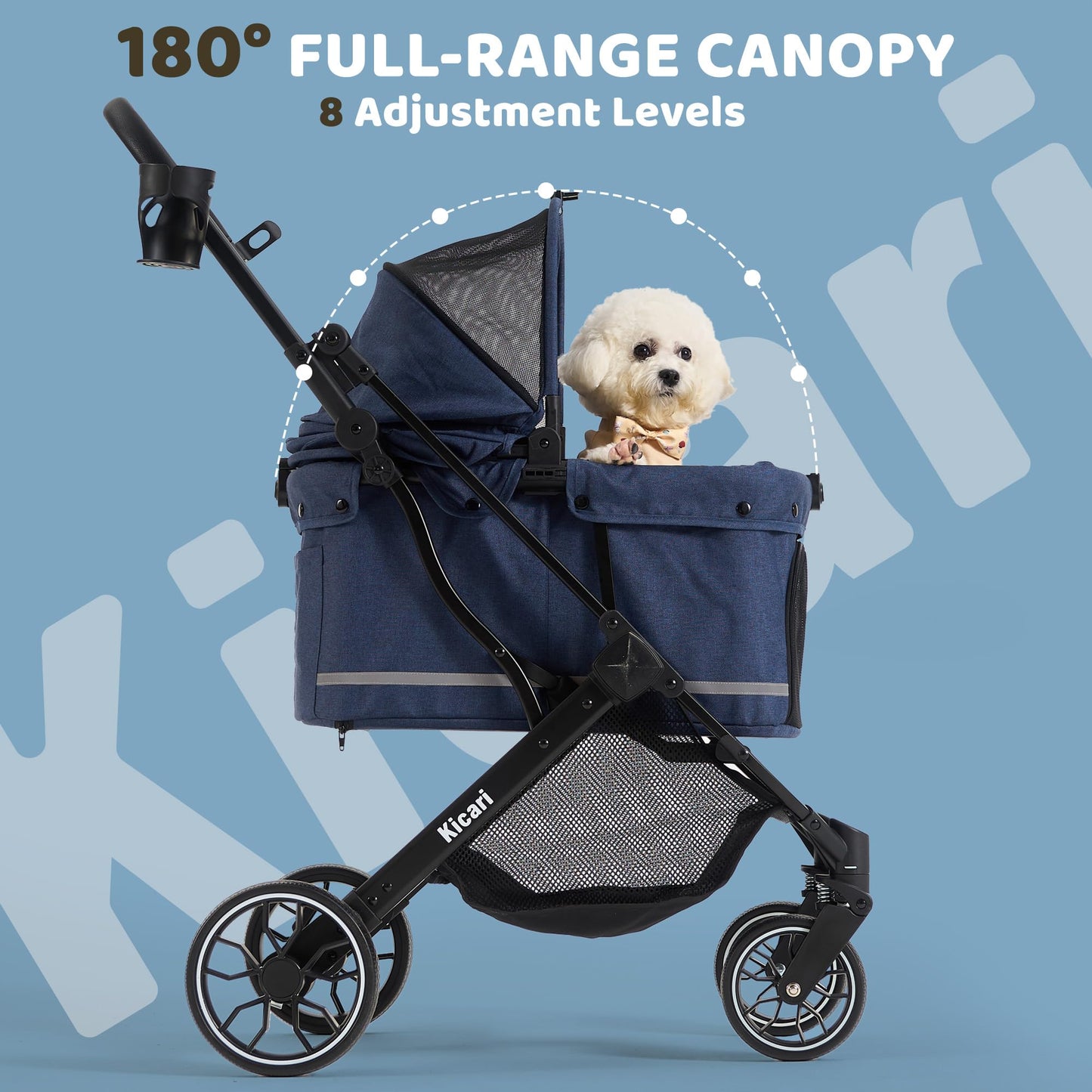 Kicari All-Terrain Dog Stroller for Small to Medium Dogs, Pet Stroller for Dogs & Cats Outdoor Walks, One-Hand Easy Fold, Double-Layer Anti-UV & Waterproof Canopy & Breathable Mesh, Midnight Blue