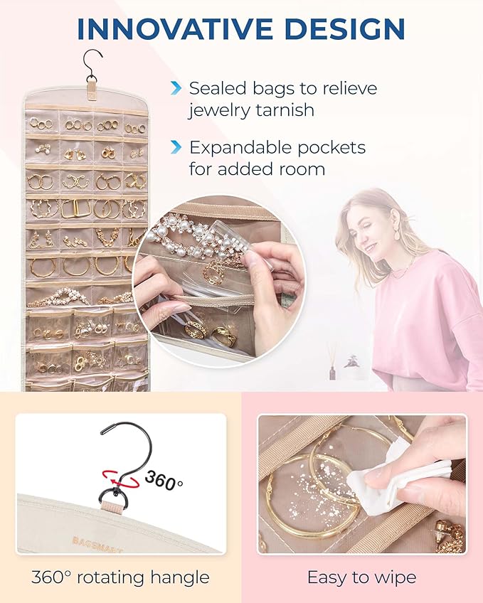 BAGSMART Hanging Jewelry Organizer, Necklace Holder Anti-tangle Earrings Rings Hanger with Pockets Hang on Closet, Wall, Door,1 Piece, Large Beige
