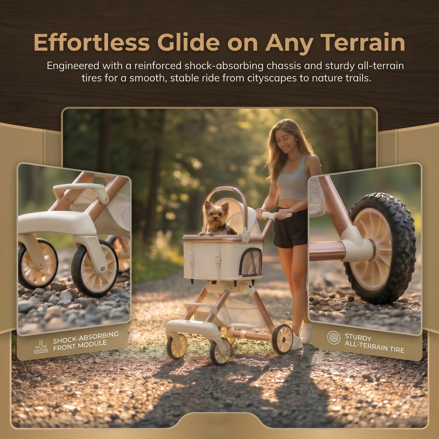EPPMagice All-Terrain Pet Stroller for Small Medium Dogs & Cats, 20 lbs Capacity - Portable Carrier with One-Touch Brake, Lightweight Foldable Design & Shock Absorption Wheels,Khaki