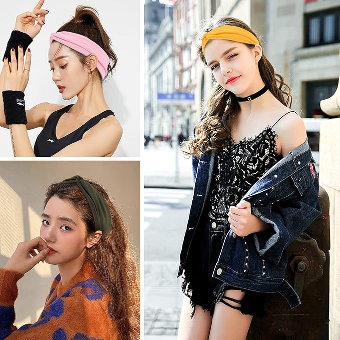 Tyfthui 12 Pack Headbands for Women, Fashionable Sports Hairbands, Elastic Wide Headbands Non Slip Workout Yoga Sport Headbands for Women (Color B)