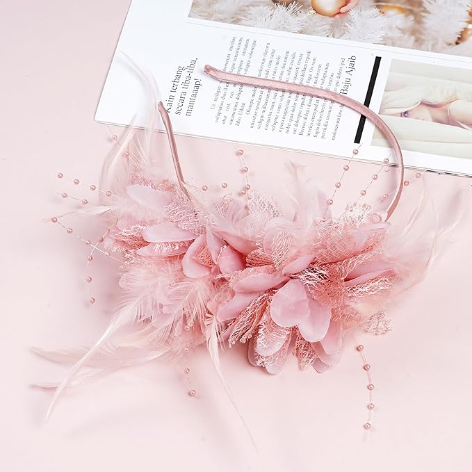 Womens Fascinators Hats Tea Party Hats for Women, Feather Pearl Veil Headband for Wedding Cocktail Dresses Accessories