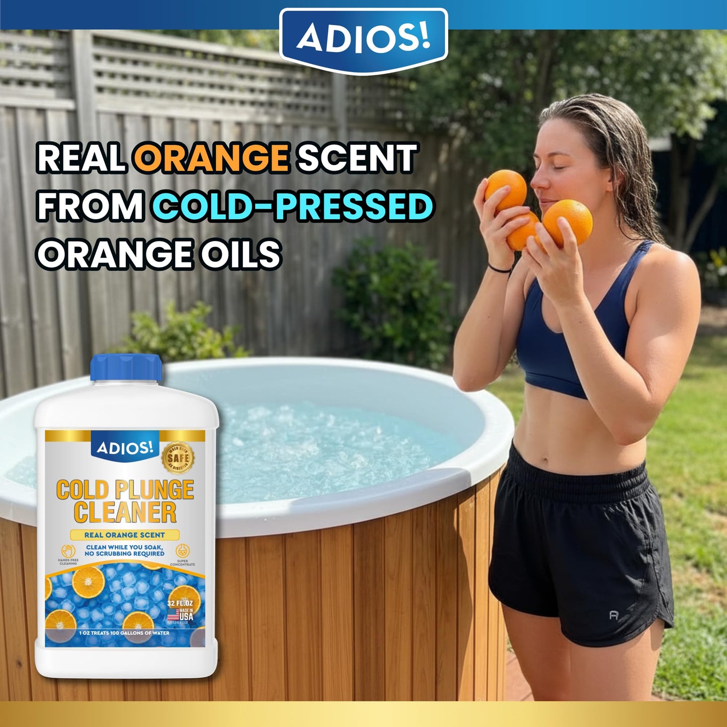 Adios! Cold Plunge Water Treatment Stabilizer with Enzymes and Citrus - Cleans and Deodorizes Ice Baths, Pods and Tubs for a Refreshing Recovery (32oz)
