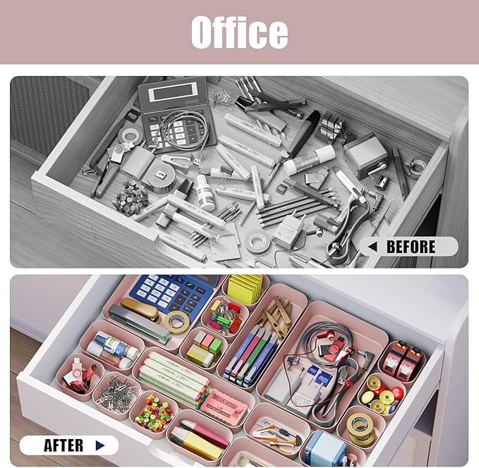 Plastic Drawer Organizers, 10 PCS Drawer Organizer Bins, Bathroom and Vanity Organizer Plastic Tray, Makeup organizer and storage for Makeup, Bedroom, Kitchen Gadgets Utensils and Office (Pink)