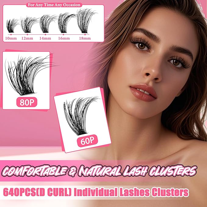 Volume Lash Extension Kit Thick Cluster Eyelash Extensions 10-18MM Lash Clusters 640Pcs Individual Lash Extensions DIY Lashes Clusters with Lash Bond and Seal Lash Tweezers