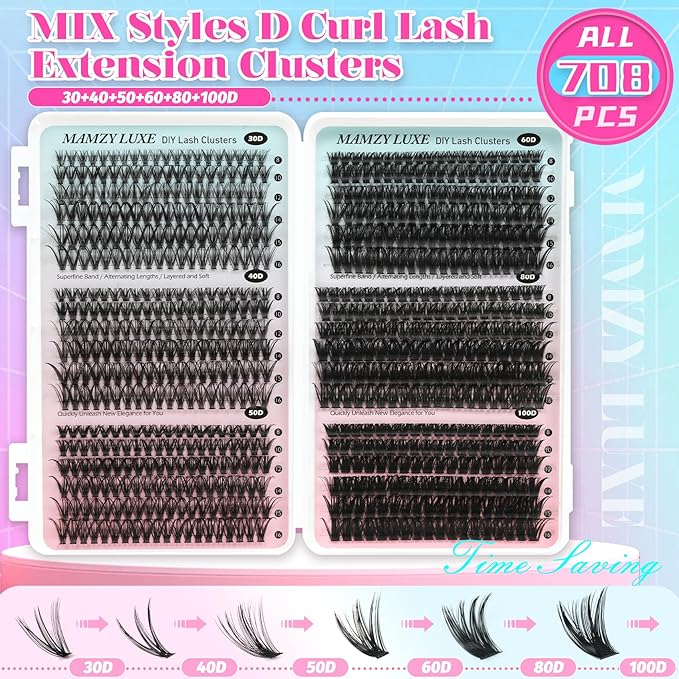 Lash Clusters 708PCS Cluster Eyelash Extensions 10-16MM Wispy Lashes Clusters 30+40+50+60+80+100D Eyelash Clusters Mix Daily Look Fake Eyelashes Extension