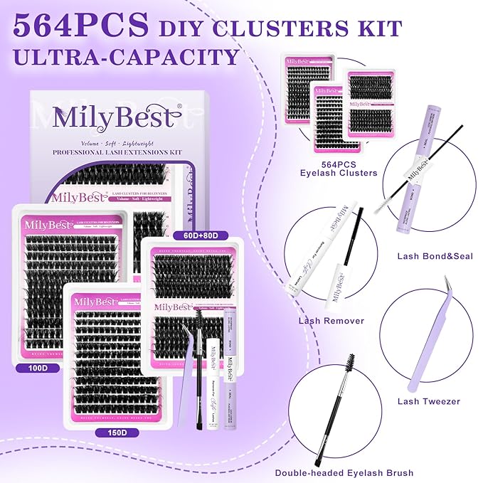 MilyBest Lash Clusters Kit 564Pcs Eyelash Clusters Lashes Wispy Cluster Eyelash Extensions Kit 3 Styles Fluffy Lashes Clusters 10-18mm Volume DIY Individual Eye Lash Clusters Lash Box with Bond&Seal