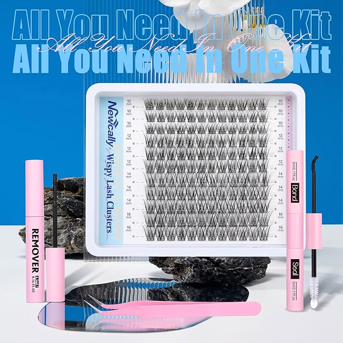 Cluster Eyelash Extensions Kit Lash Clusters Kit Natural Wispy Individual Lashes Kit C-curly DIY Lash Extension Kit 10-16MM Eyelash Clusters Kit with Lash Remover by Newcally