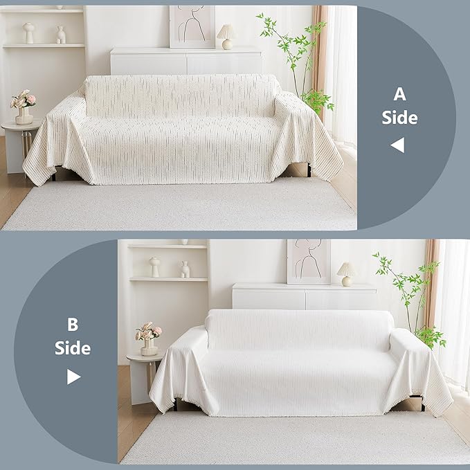 MYSKY HOME Couch Cover for Dogs, Sectional Couch Cover, Beige Lines Sofa Covers for Sectional Sofa L Shape Chenille Couch Protector for Dogs Pets Couch Covers Washable Soft Throw, 71"X134"