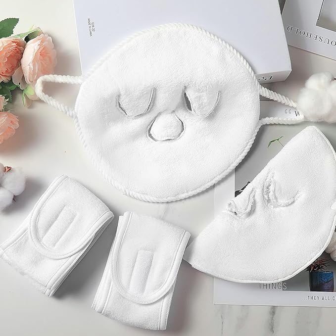 Face Steaming Towel, 4 Pack Reusable Face Towel Mask with Face Washing Headband Cold Hot Compress Facial Steamer Towel Moisturizing Beauty Care Spa Towels for Women Girls Skin Face Care Beauty Salons