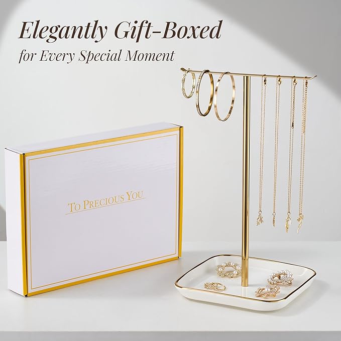 Jewelry Holder Stand with Ceramic Base: 12" Tall Necklace Organizer Rack, Tree Design Display Storage for Necklaces, Bracelets, Rings, Earrings, Aesthetic Room Décor for Girls and Women, Gold