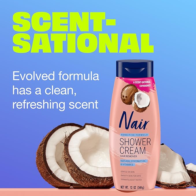 Nair Sensitive Formula Shower Cream, Quick and Easy Hair Removal Cream with Coconut Oil and Vitamin E for Body, 12 ozÃ¢ÂÂ¯Ã¢ÂÂ¯