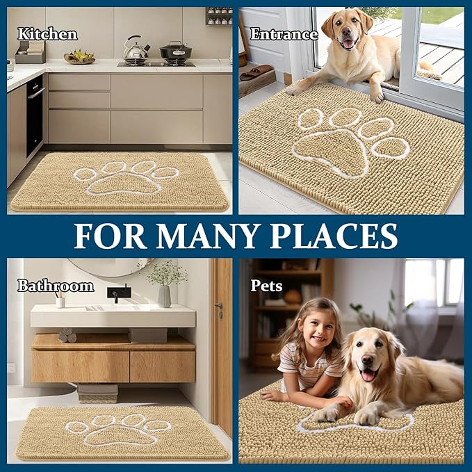 OLANLY Dog Door Mat for Muddy Paws 24x16, Paw Print Design, Absorbs Moisture and Dirt, Absorbent Non-Slip Washable Doormat, Quick Dry Chenille Mud Mat for Dogs, Entry Indoor Entryway Carpet, Beige