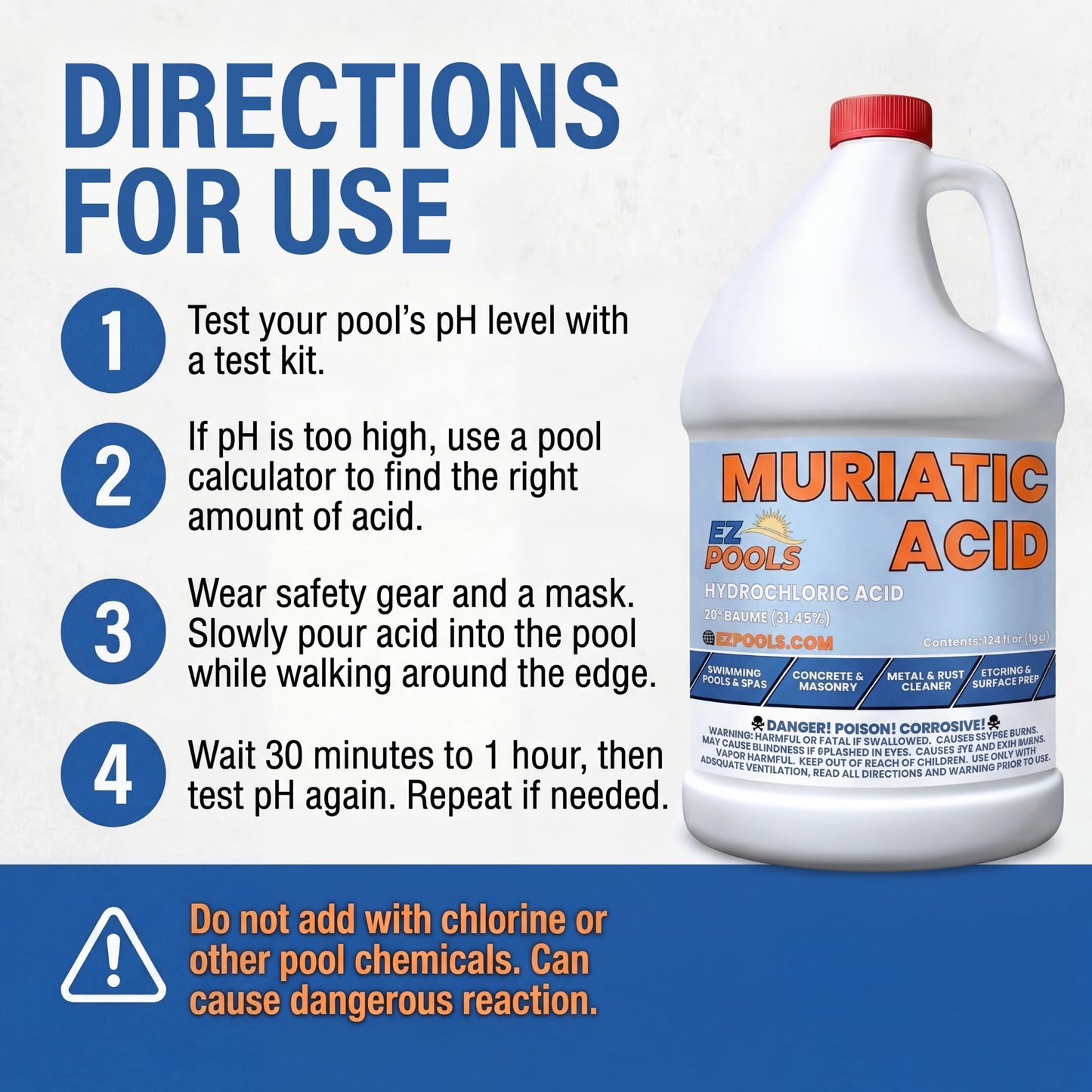 EZ Pools Muriatic Acid for Swimming Pools & Spas – Pack of 4 Gallons, Lowers pH, Muriatic Acid for Pools (HCL), pH Reducer for Water Balancing