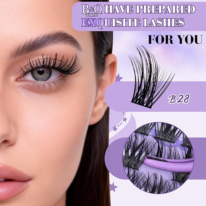 B&Q Wispy Lash Clusters Kit B28, DIY Lash Extension Kit 156PCS Eyelash Extension Kit, Soft Natural Lash Clusters 8-18MIX D Curl Lash cluster, Thin Black Band Cluster Eyelash Extensions (B28 Set)