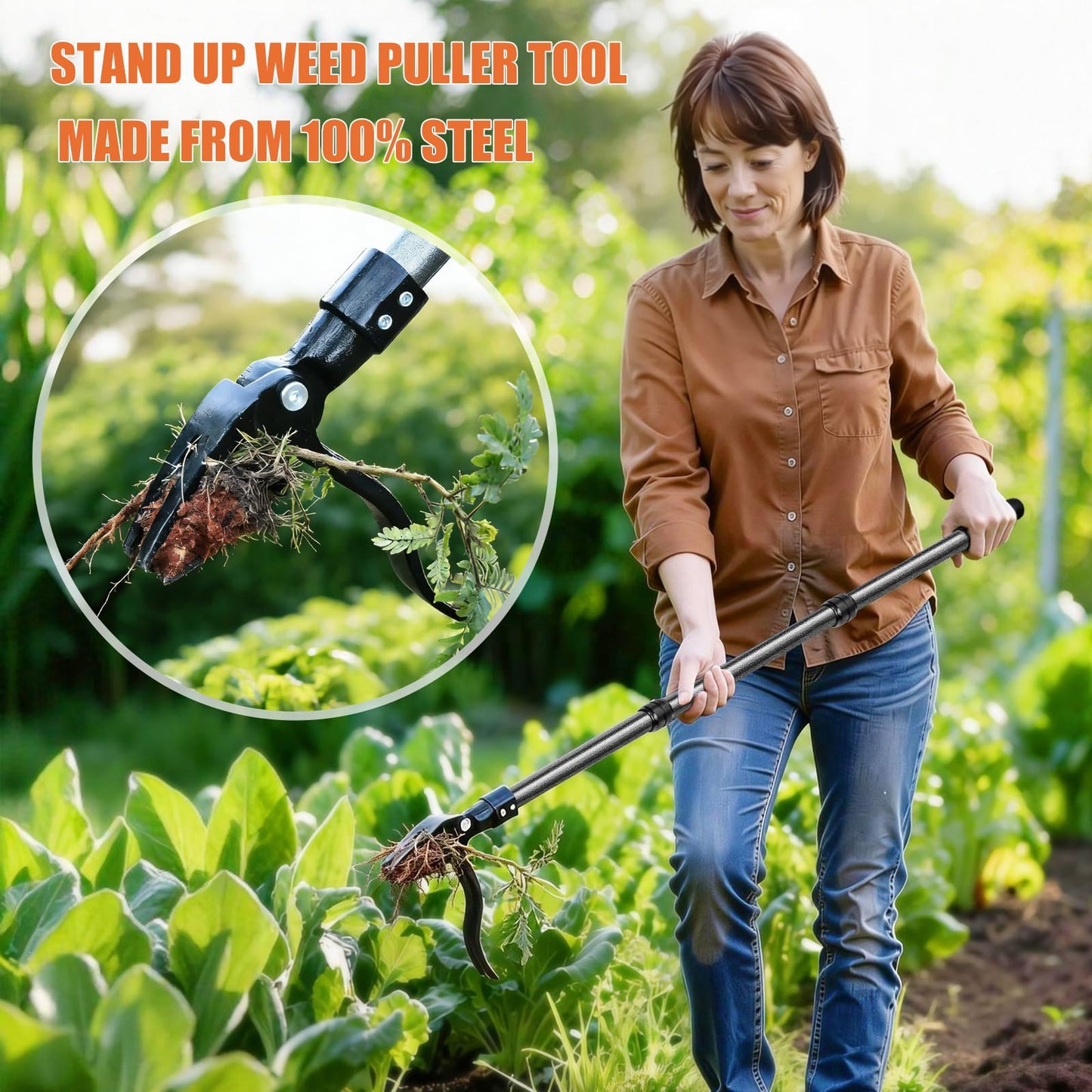 GOXAWEE Metal Stand Up Weed Puller Tool - 45" Garden Weeding Tool with Steel Long Handle & 4-Claw Steel Head - Effortlessly Remove Weeds Without Bending/Kneeling - All Steel Construction