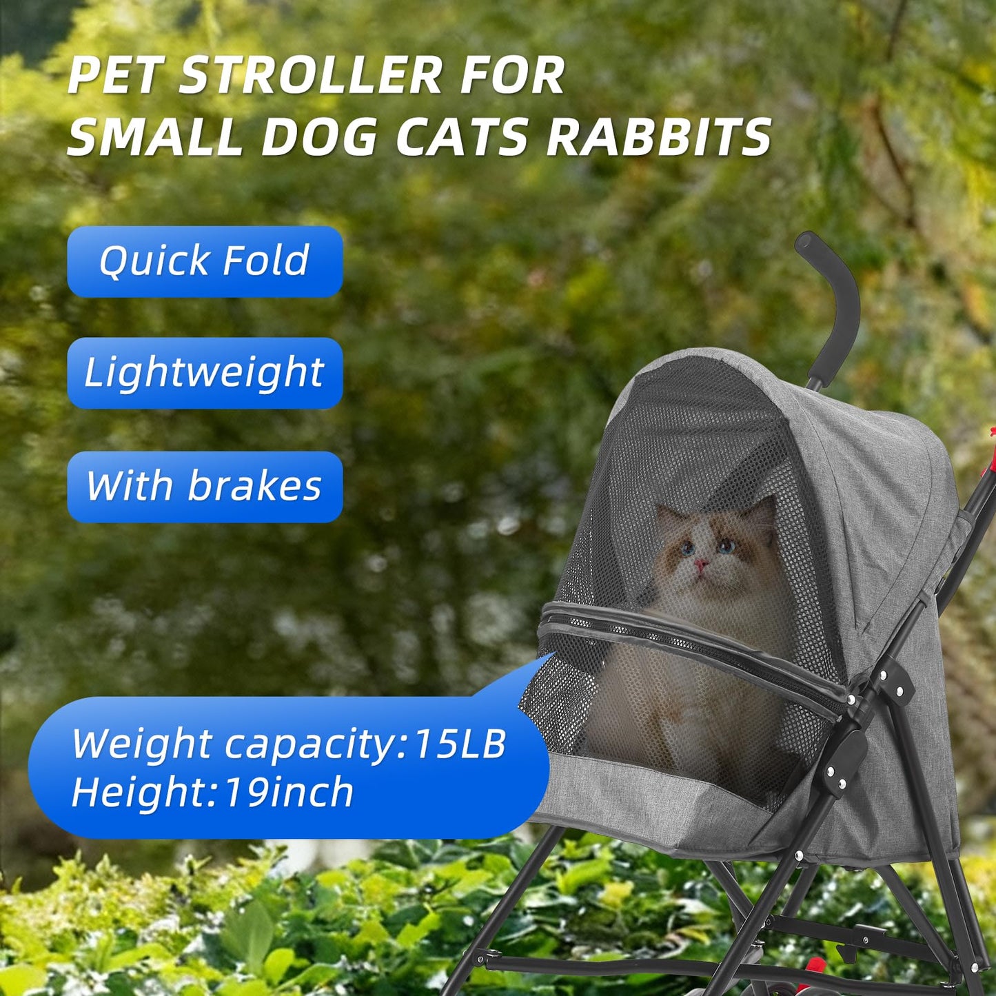 COOLCRAB Pet Stroller Oxford Cloth Foldable Dog Strollers for Small Dogs and Cats Suitable for All Road Surfaces Wide-View Panoramic Window 4 Wheels with Brakes Portable Design, Easy to Store (Grey)