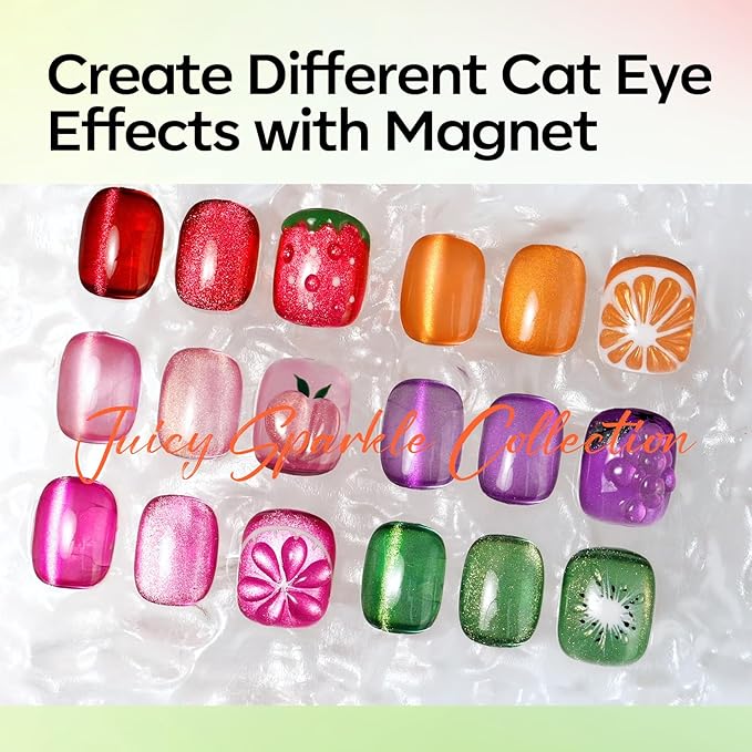 modelones Cat Eye Gel Nail Polish Set, 6 Colors Orange Neon Galaxy Hot Pink Grape Purple Red Green 9D Cat Eye Glitter Gel Polish with Magnet LGBT Fruit Theme Soak Off Led DIY Gift Unisex