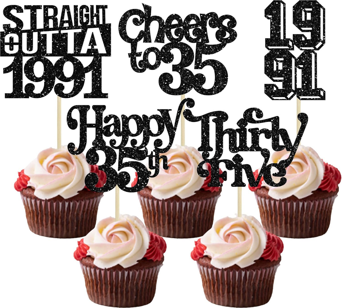 Gyufise 30Pcs Happy 35th Birthday Cupcake Toppers Glitter Thirty Five Straight Outta 1991 Cupcake Picks Cheers to 35 Fabulous Cake Decorations for Happy 35th Birthday Anniversary Party Supplies Black