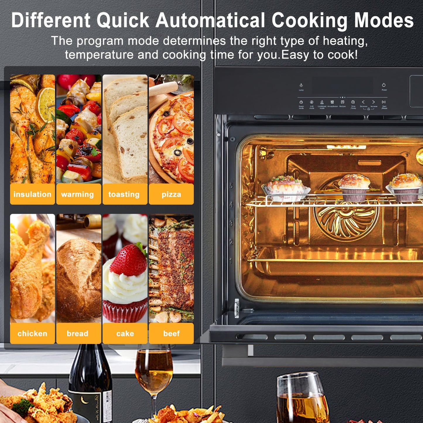 24 Inch Electric Wall Oven with Steam & Air Fry, 3000W High Power Convection, 2.5 Cu. ft Compact Built-in, Touch Control Digital Display, Multi-Function Cooking for Apartment, Shed, or Kitchen Remodel